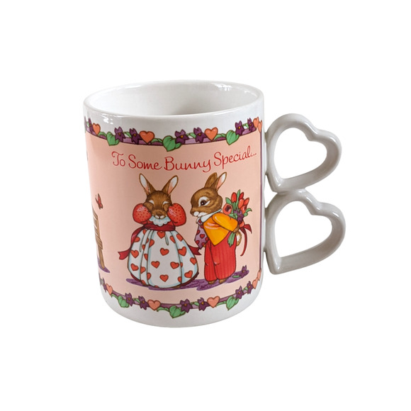 Vintage Bunny Rabbit Love Mug, Heart Shaped Handle, Valentine's Anniversary Gift - Picture 1 of 8